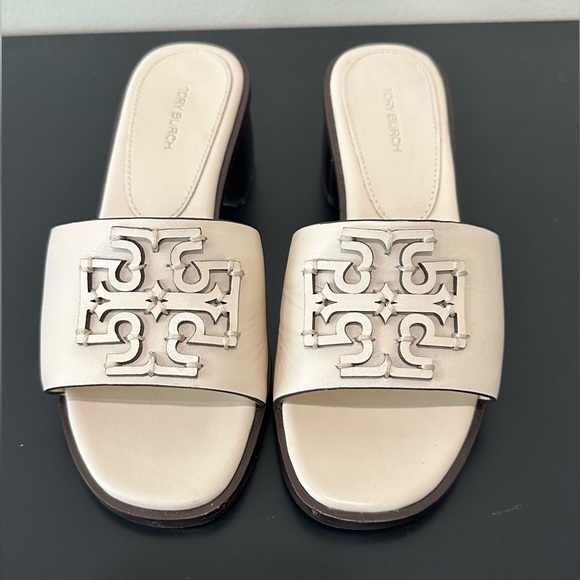 Tory Burch Block Heel Slide Sandals Creme White Brown Size US 7M - Picture 10 of 12